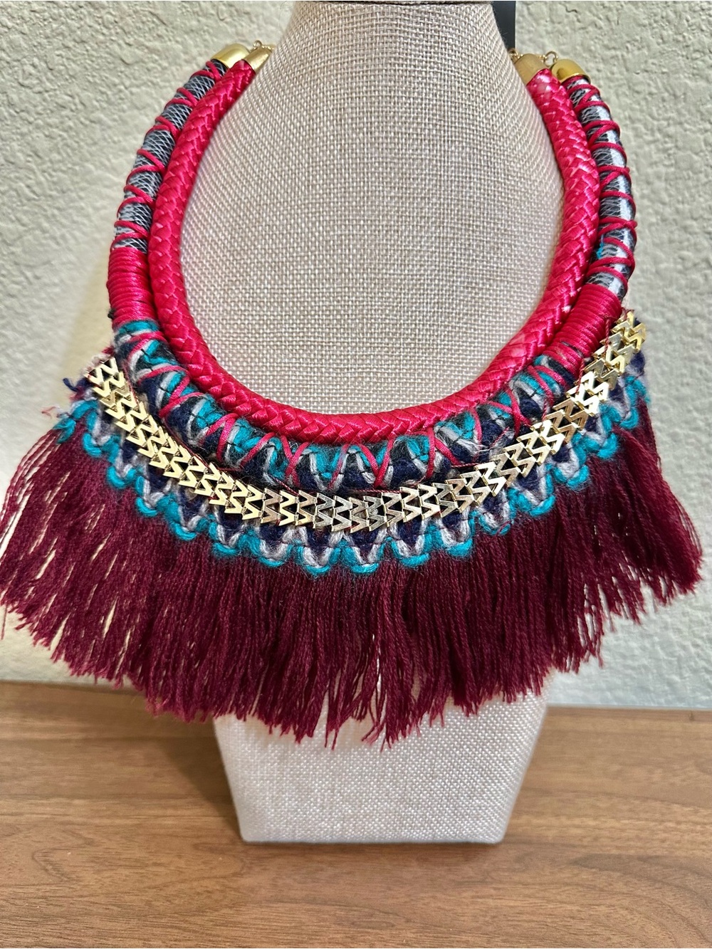 16”-20” Vintage Boho Statement Fringe Collar Necklace in Burgundy & Hot Pink Set